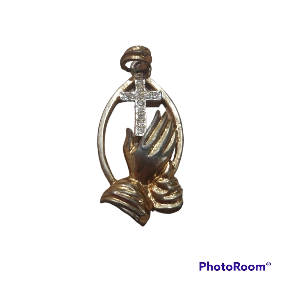 Sterling Silver Gold Tone Praying Hands Pendent With Rhinestone